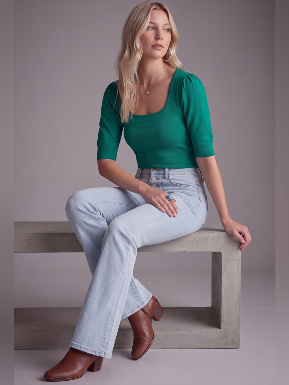 Premise Emerald Green Square-Neck Short Sleeve Pullover - Picture 1 of 6